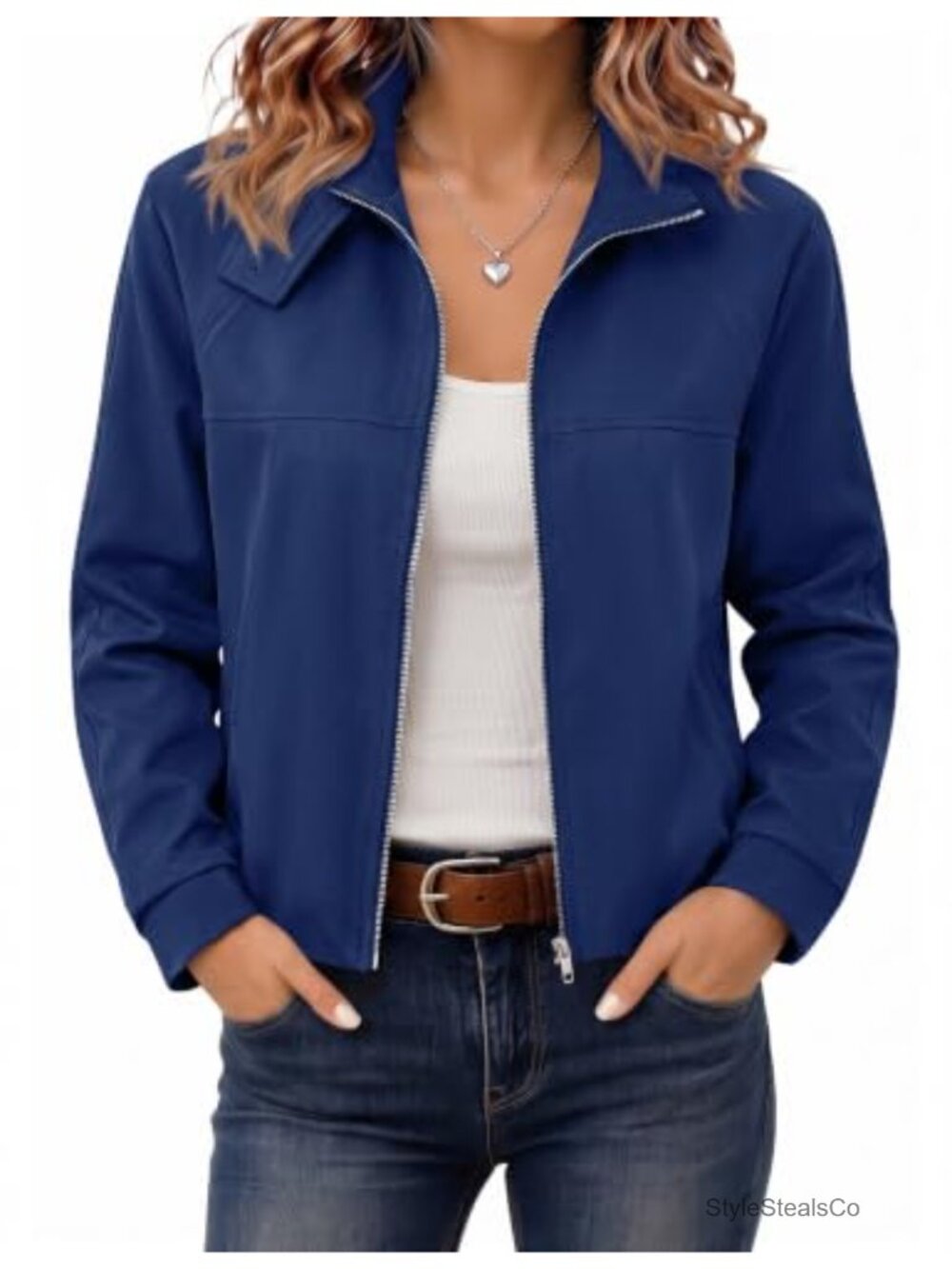 LOMON Women's Cropped Bomber Jacket Zip Up Funnel Neck Pockets Polyester